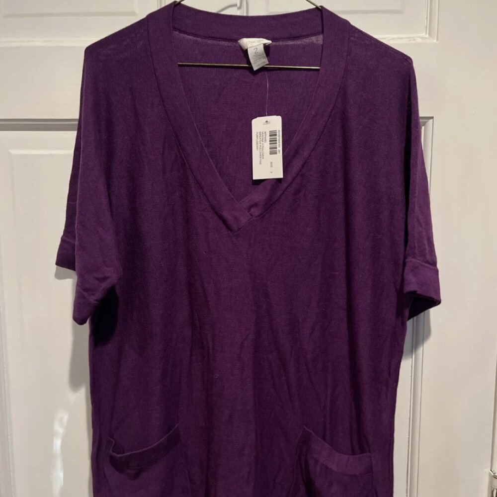 NWT Chicos Size 2 Verona Pullover Short Sleeve V Neck Sweater Purpleberry Purple